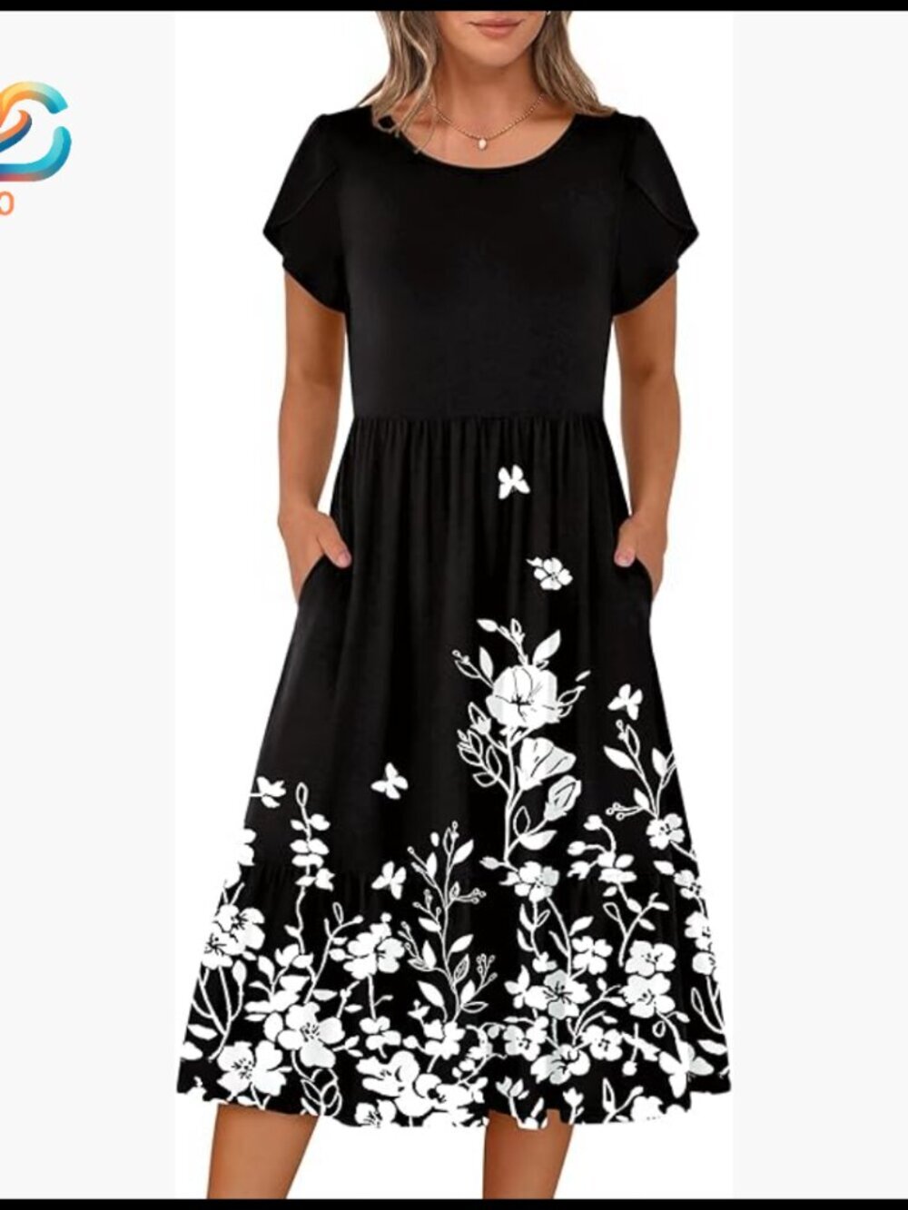 Casual Midi T-Shirt Dress with Pockets, Ruffle Sleeves, A-Line Fit
